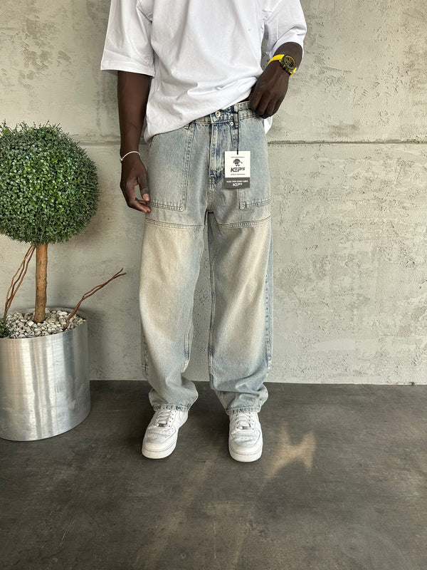 Dikiş Detaylı Buz Mavi Yıkamalı Relax Baggy Jean