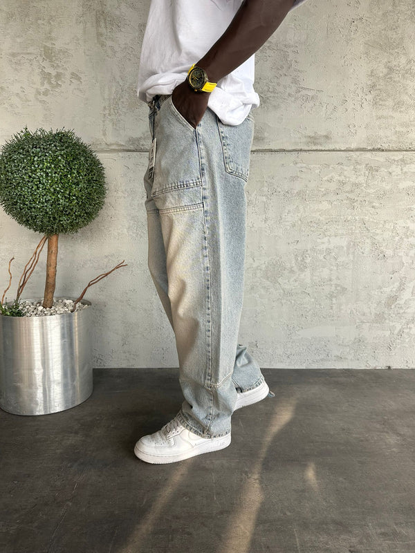 Dikiş Detaylı Buz Mavi Yıkamalı Relax Baggy Jean