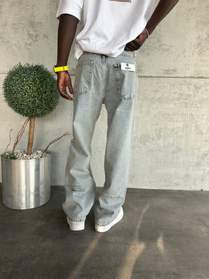 Dikiş Detaylı Buz Mavi Yıkamalı Relax Baggy Jean