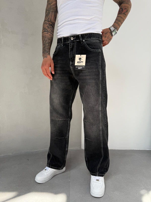 Dikiş Detaylı Füme Taşlamalı Relax Baggy Jean