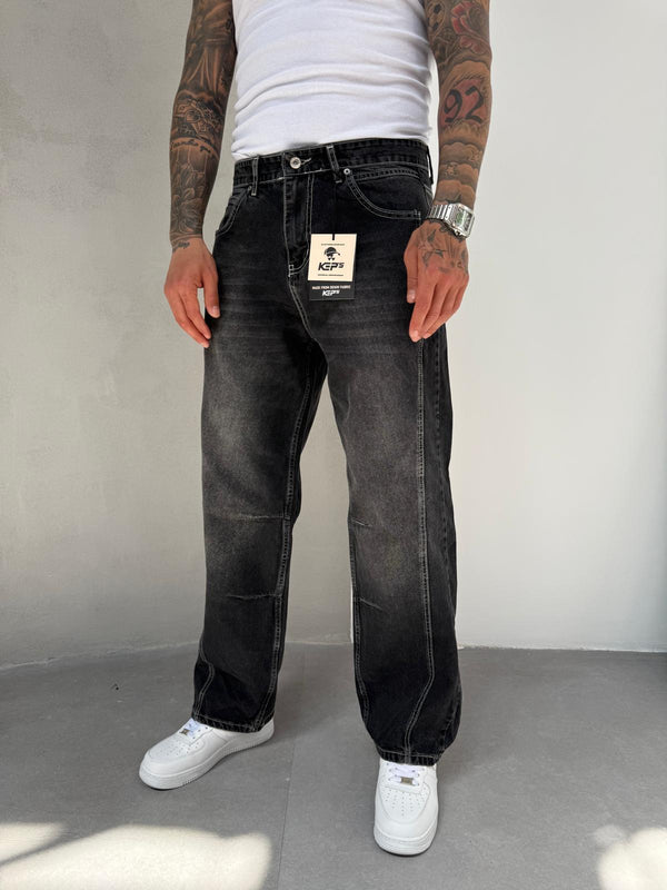 Dikiş Detaylı Füme Taşlamalı Relax Baggy Jean
