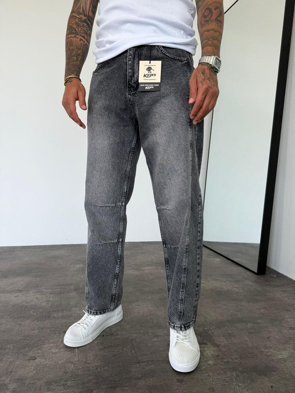 Dikiş Detaylı Füme Taşlamalı Relax Baggy Jean