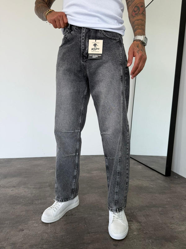 Dikiş Detaylı Füme Taşlamalı Relax Baggy Jean
