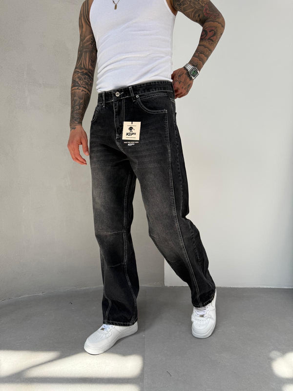 Dikiş Detaylı Füme Taşlamalı Relax Baggy Jean