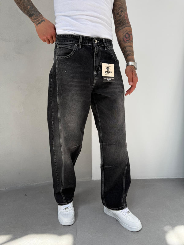 Dikiş Detaylı Füme Taşlamalı Relax Baggy Jean