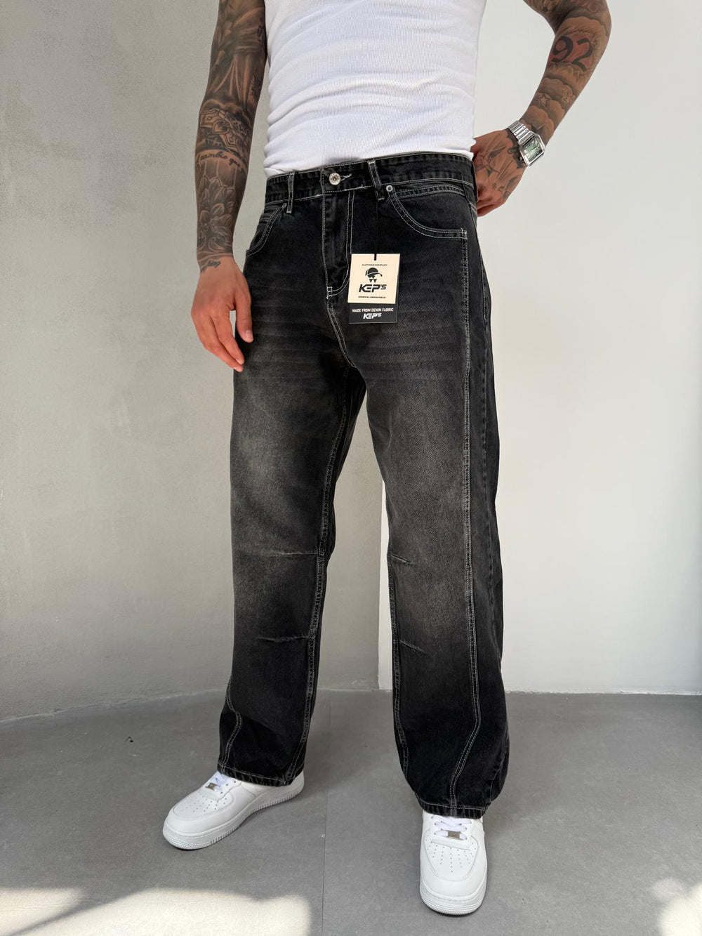Dikiş Detaylı Füme Taşlamalı Relax Baggy Jean
