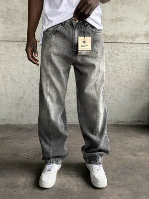 Dikiş Detaylı Gri Taşlamalı Relax Baggy Jean