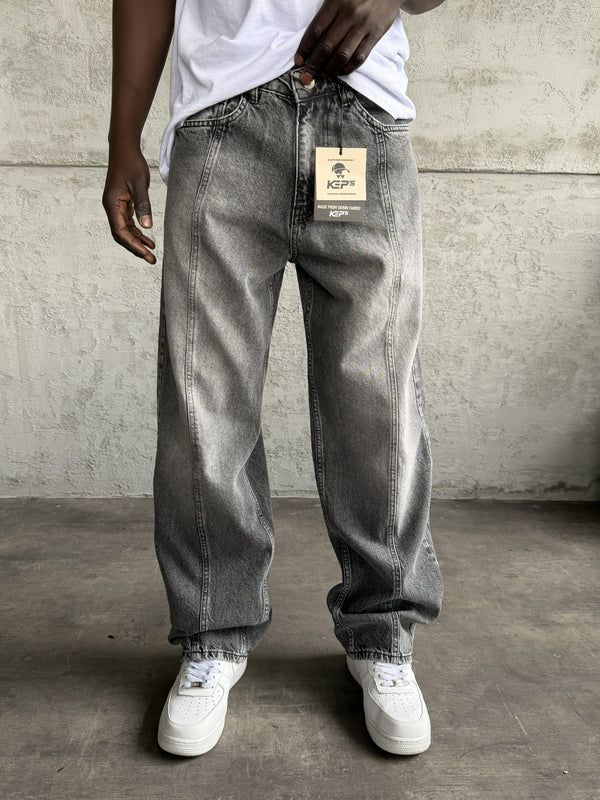 Dikiş Detaylı Gri Taşlamalı Relax Baggy Jean