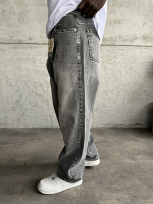 Dikiş Detaylı Gri Taşlamalı Relax Baggy Jean