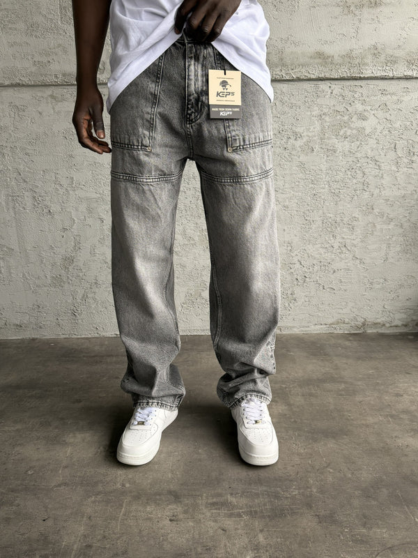 Dikiş Detaylı Gri Taşlamalı Relax Baggy Jean