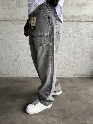 Dikiş Detaylı Gri Taşlamalı Relax Baggy Jean