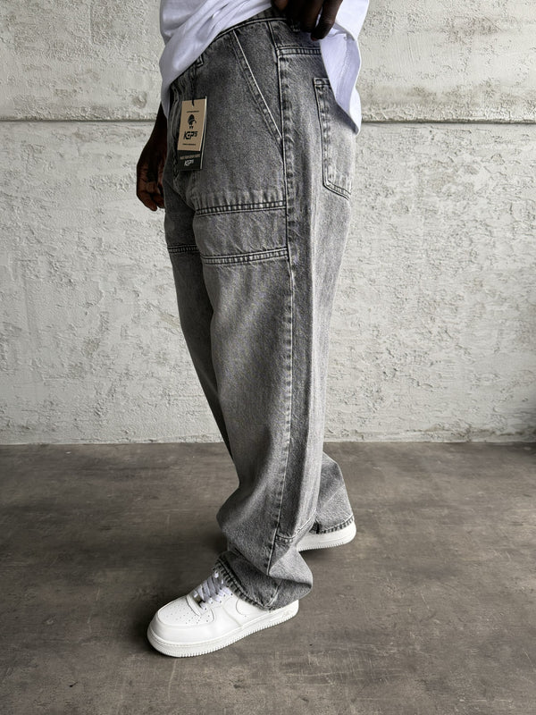 Dikiş Detaylı Gri Taşlamalı Relax Baggy Jean