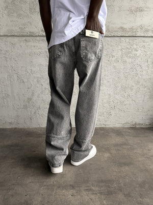 Dikiş Detaylı Gri Taşlamalı Relax Baggy Jean
