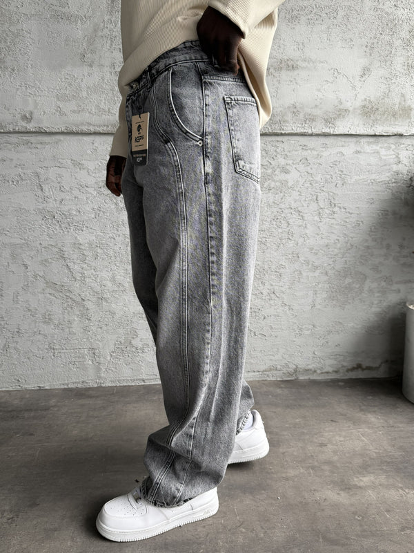 Dikiş Detaylı Gri Taşlamalı Relax Baggy Jean