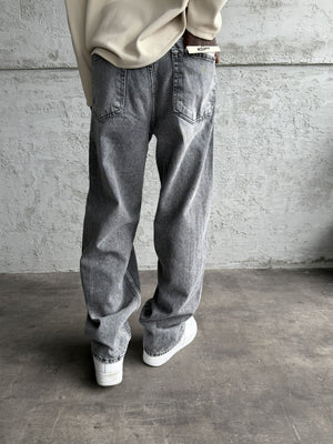 Dikiş Detaylı Gri Taşlamalı Relax Baggy Jean