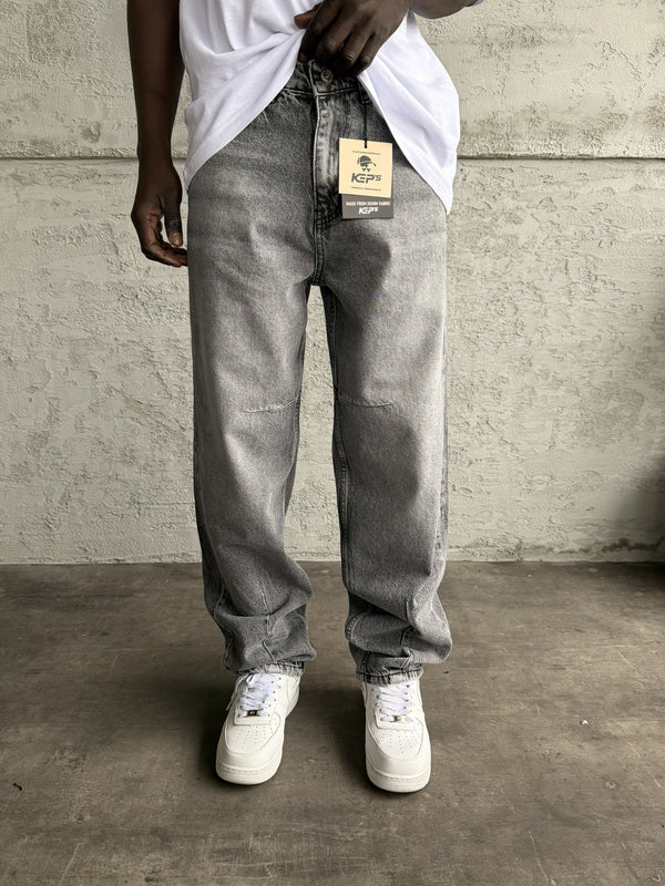 Dikiş Detaylı Gri Taşlamalı Relax Baggy Jean