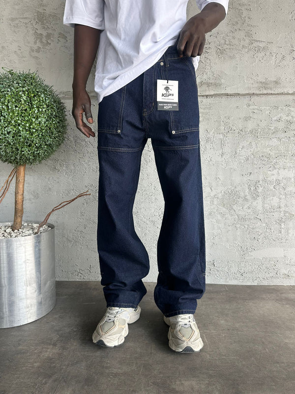 Dikiş Detaylı Lacivert Relax Baggy Jean