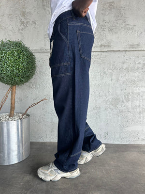 Dikiş Detaylı Lacivert Relax Baggy Jean