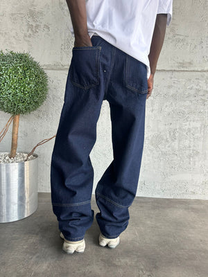 Dikiş Detaylı Lacivert Relax Baggy Jean
