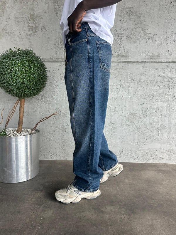Dikiş Detaylı Lacivert Taşlamalı Relax Baggy Jean