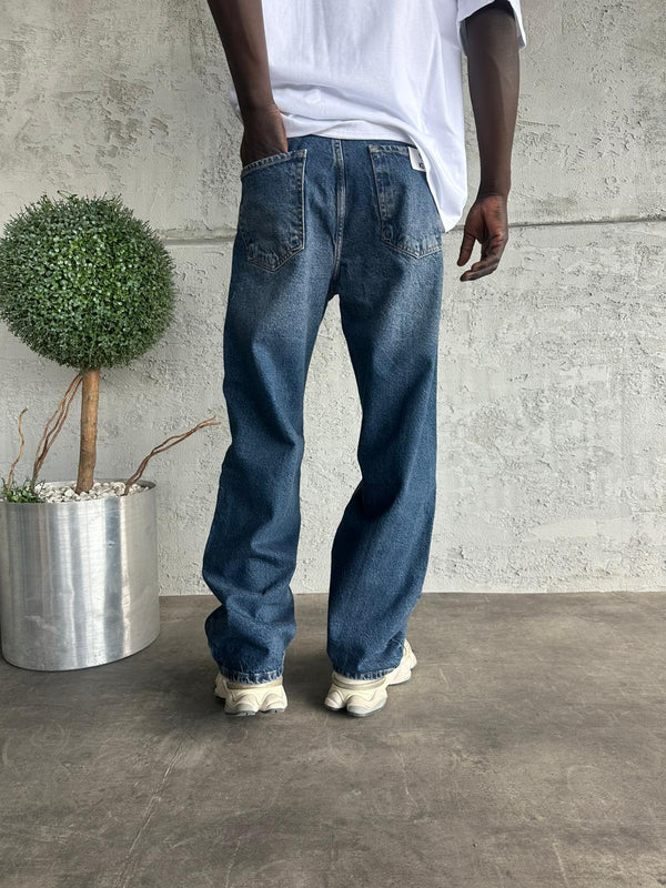 Dikiş Detaylı Lacivert Taşlamalı Relax Baggy Jean