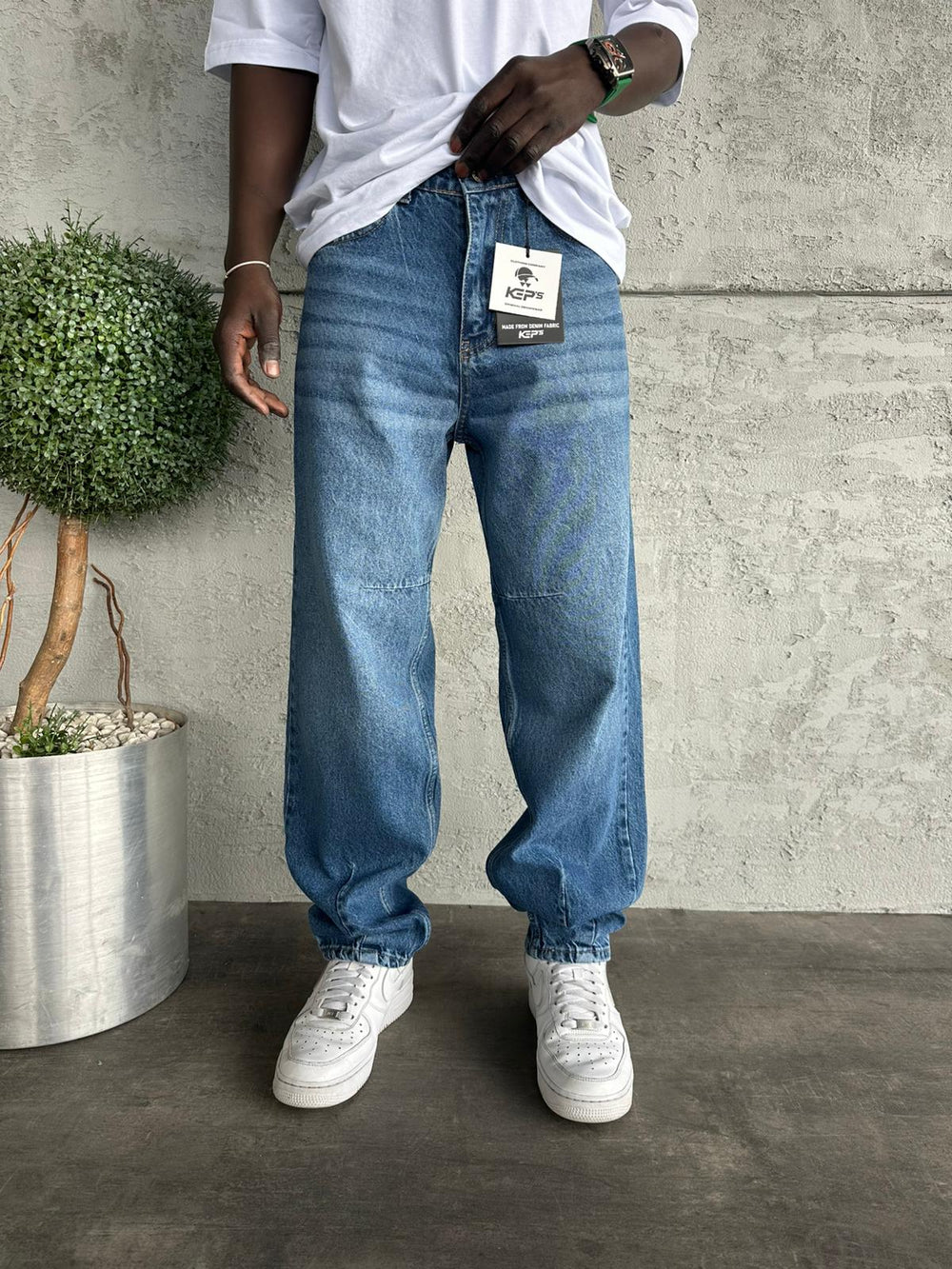 Dikiş Detaylı Lacivert Taşlamalı Relax Baggy Jean