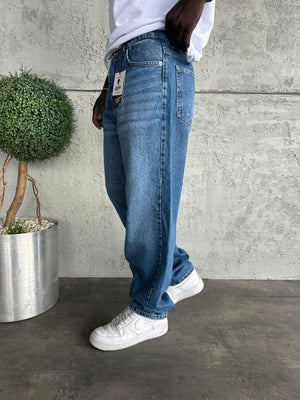 Dikiş Detaylı Lacivert Taşlamalı Relax Baggy Jean