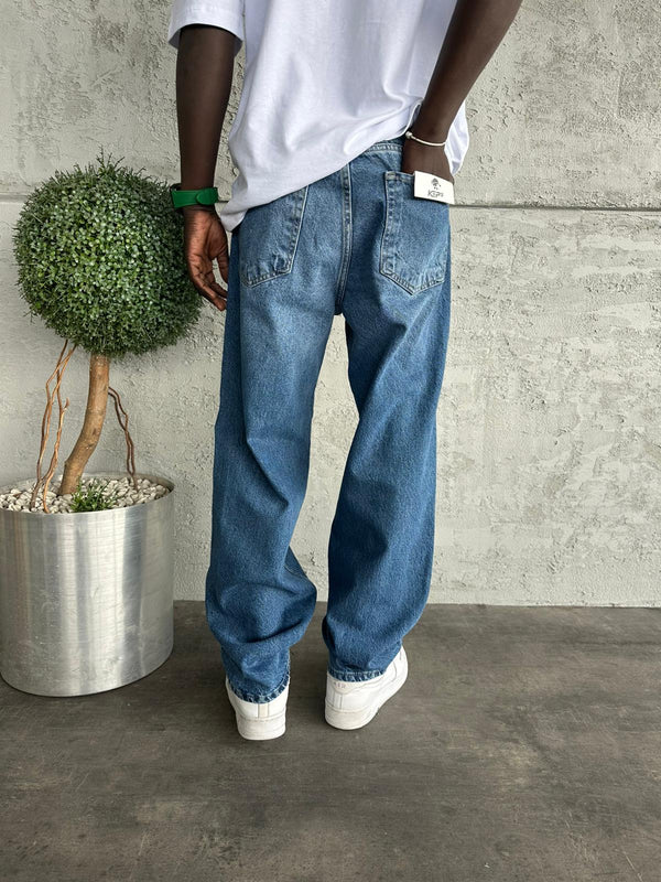 Dikiş Detaylı Lacivert Taşlamalı Relax Baggy Jean