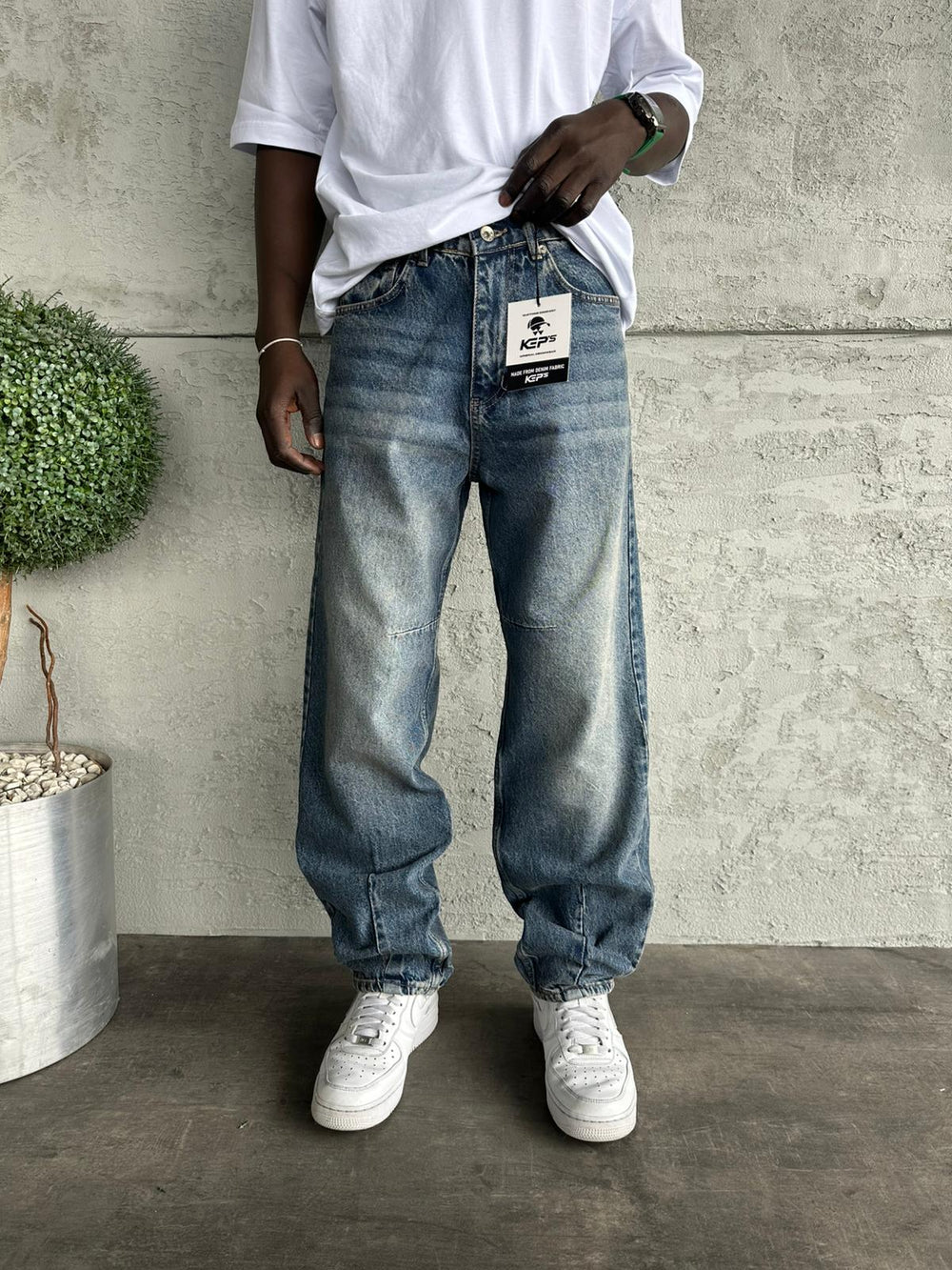 Dikiş Detaylı Lacivert Taşlamalı Relax Baggy Jean