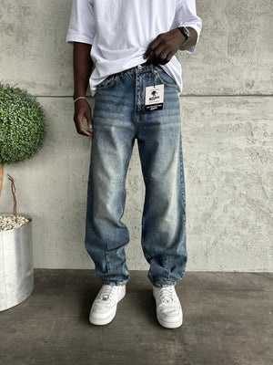 Dikiş Detaylı Lacivert Taşlamalı Relax Baggy Jean