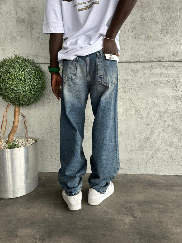 Dikiş Detaylı Lacivert Taşlamalı Relax Baggy Jean