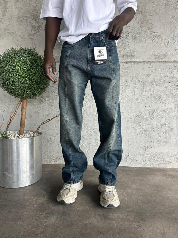 Dikiş Detaylı Lacivert Yıkamalı Relax Baggy Jean