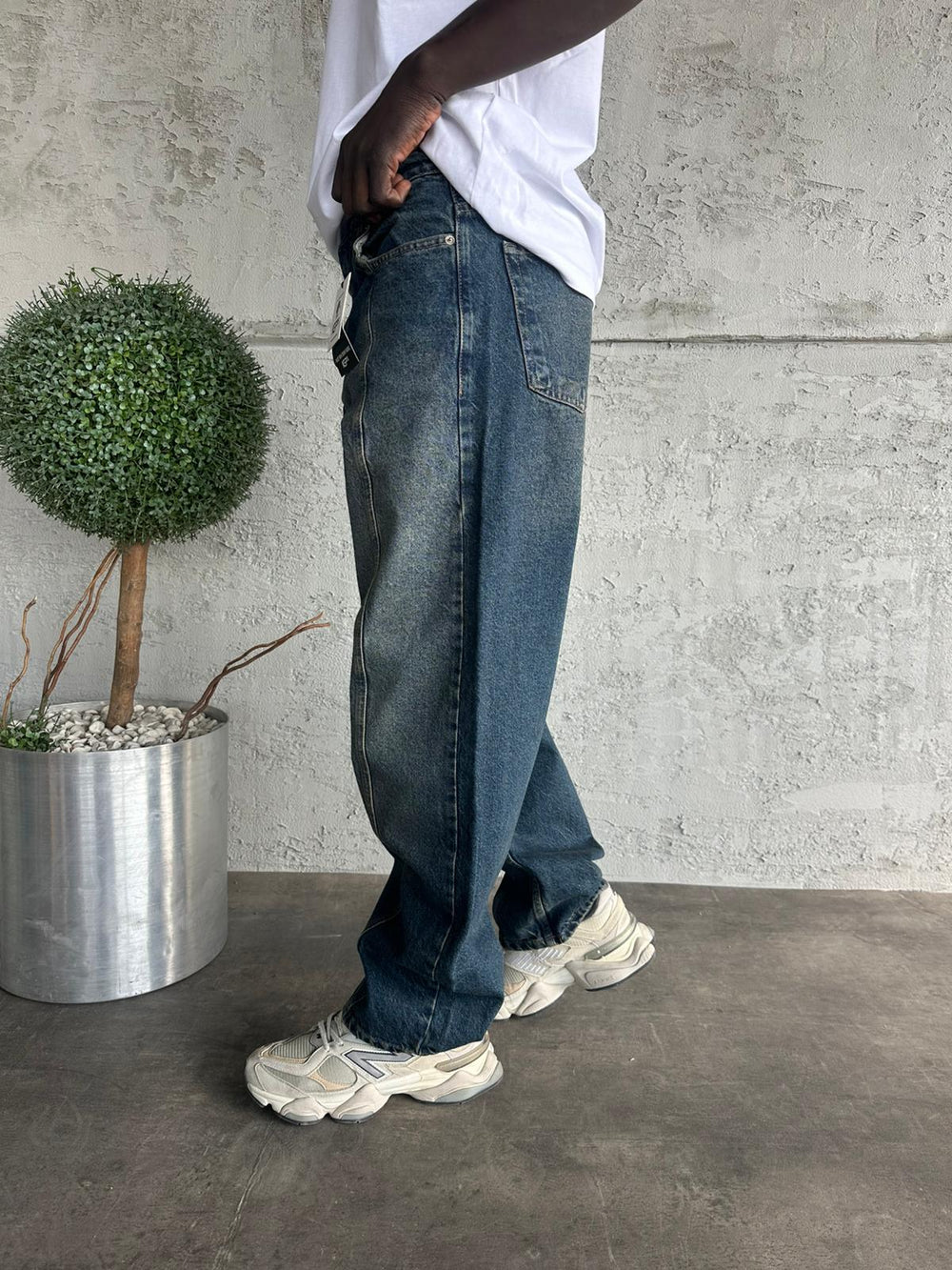 Dikiş Detaylı Lacivert Yıkamalı Relax Baggy Jean