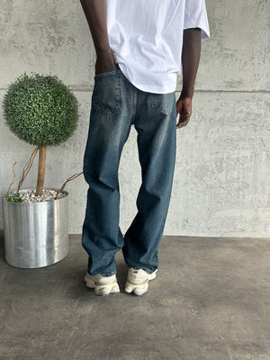 Dikiş Detaylı Lacivert Yıkamalı Relax Baggy Jean