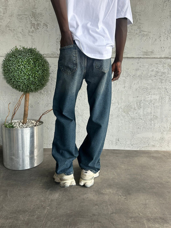 Dikiş Detaylı Lacivert Yıkamalı Relax Baggy Jean