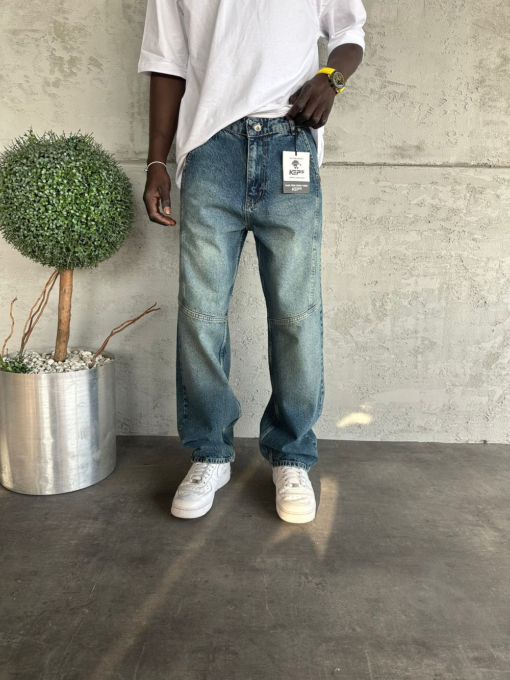 Dikiş Detaylı Lacivert Yıkamalı Relax Baggy Jean