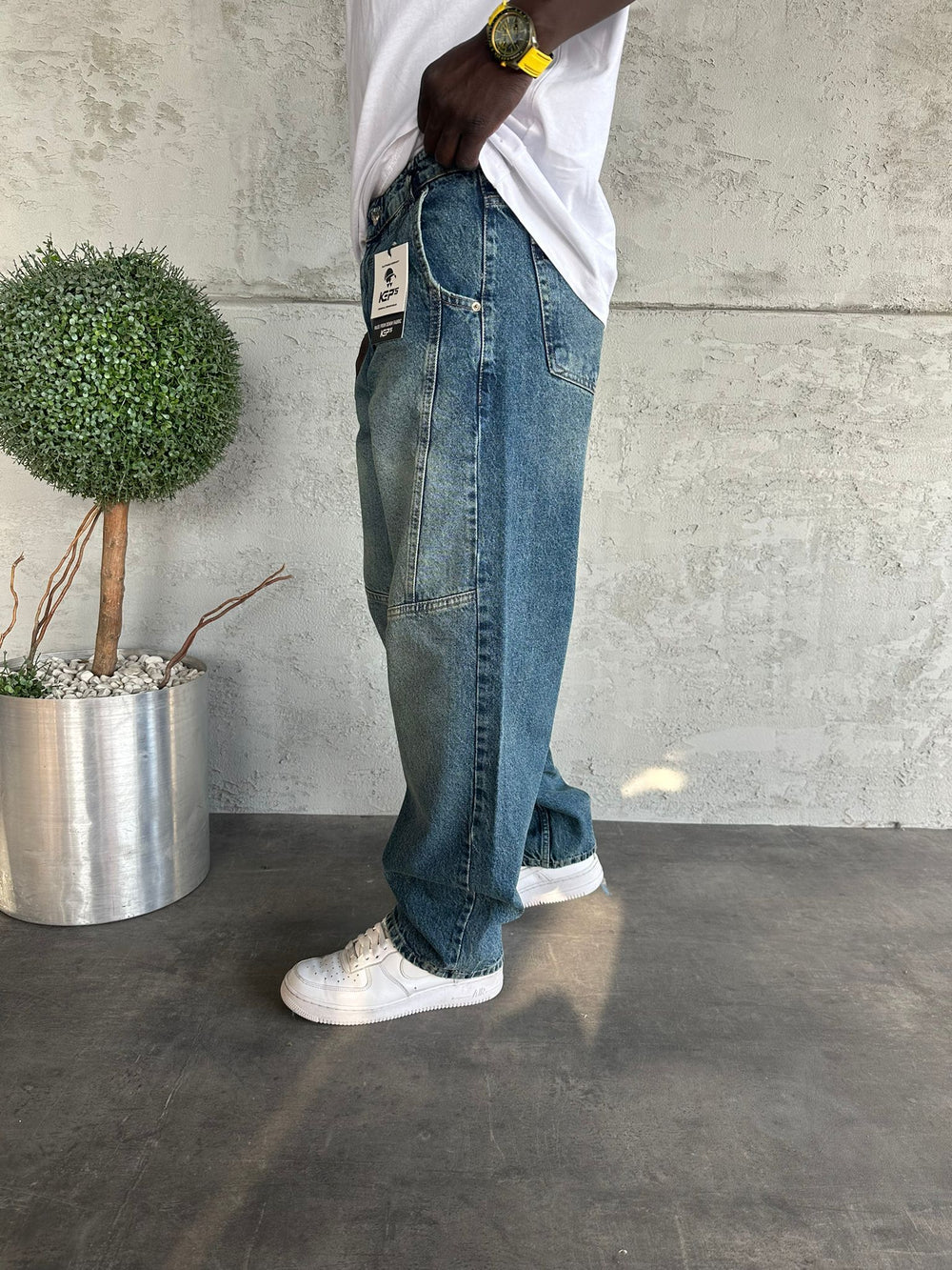 Dikiş Detaylı Lacivert Yıkamalı Relax Baggy Jean
