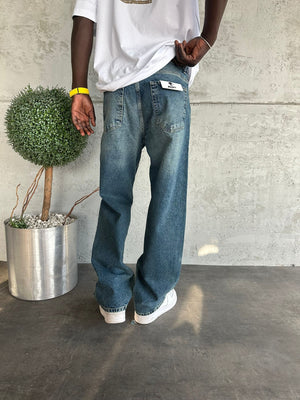 Dikiş Detaylı Lacivert Yıkamalı Relax Baggy Jean