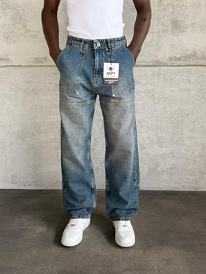 Dikiş Detaylı Lacivert Yıkamalı Relax Baggy Jean