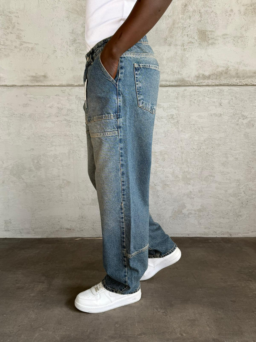 Dikiş Detaylı Lacivert Yıkamalı Relax Baggy Jean