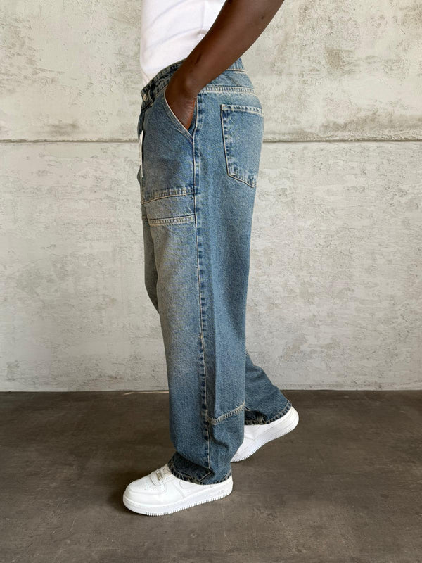 Dikiş Detaylı Lacivert Yıkamalı Relax Baggy Jean