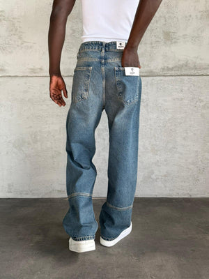 Dikiş Detaylı Lacivert Yıkamalı Relax Baggy Jean