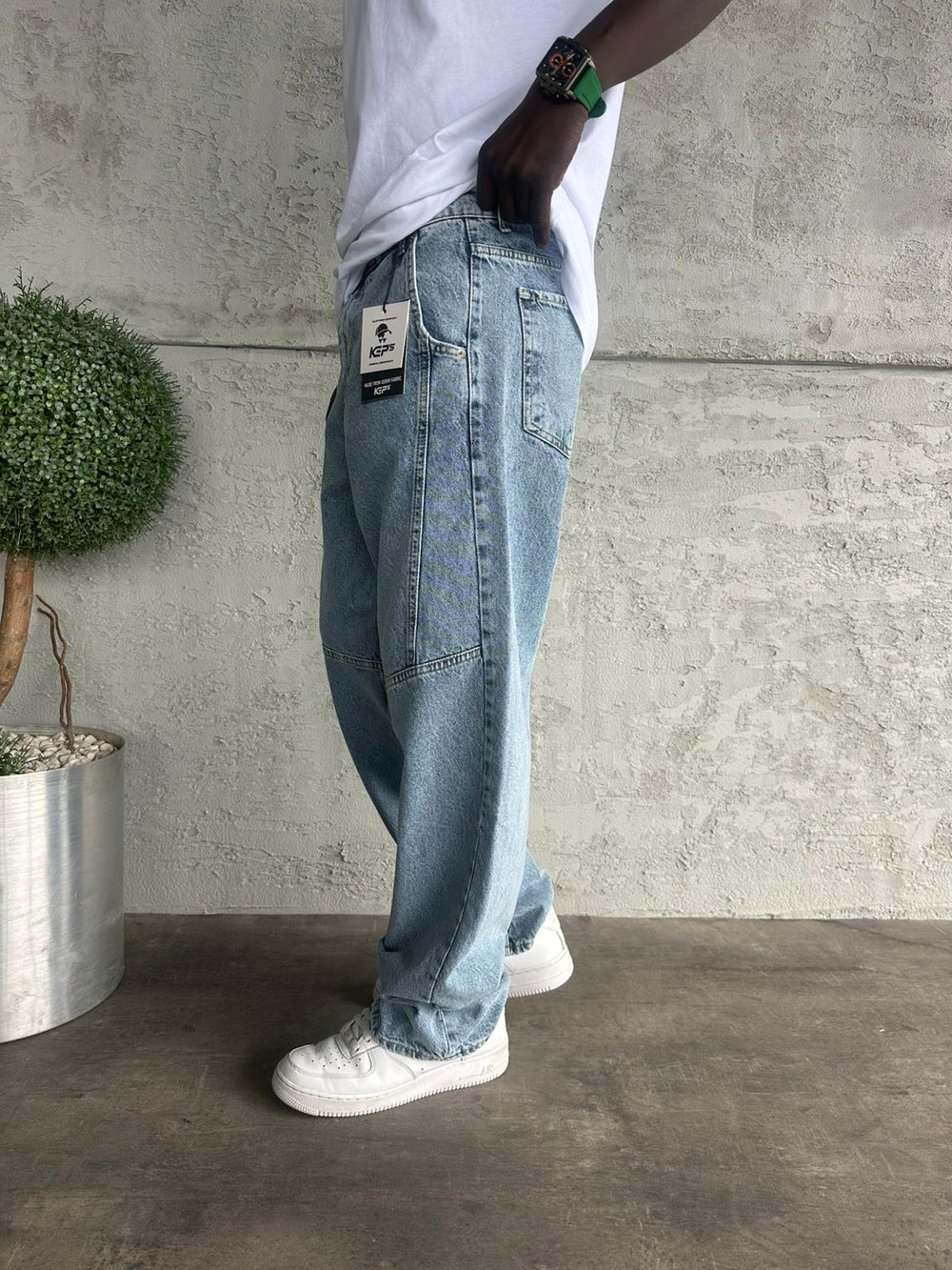 Dikiş Detaylı Mavi Kar Yıkama Relax Baggy Jean