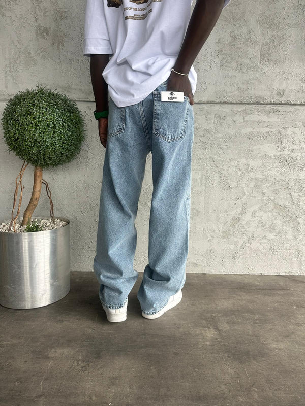 Dikiş Detaylı Mavi Kar Yıkama Relax Baggy Jean