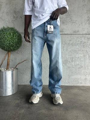 Dikiş Detaylı Mavi Taşlamalı Relax Baggy Jean