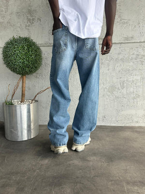 Dikiş Detaylı Mavi Taşlamalı Relax Baggy Jean