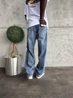 Dikiş Detaylı Mavi Taşlamalı Relax Baggy Jean