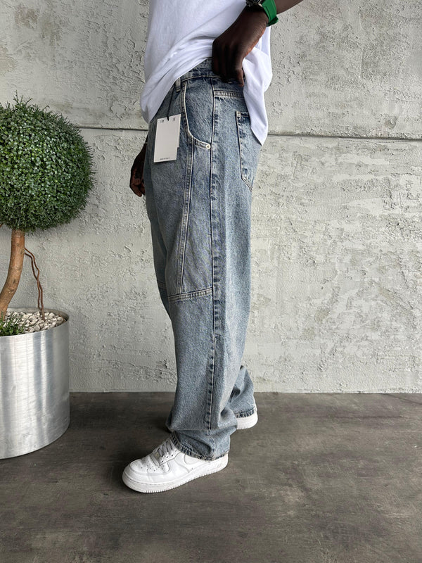 Dikiş Detaylı Mavi Yıkamalı Relax Baggy Jean