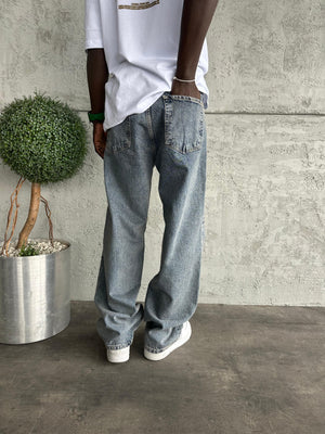 Dikiş Detaylı Mavi Yıkamalı Relax Baggy Jean