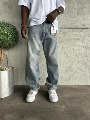 Dikiş Detaylı Mavi Yıkamalı Relax Baggy Jean
